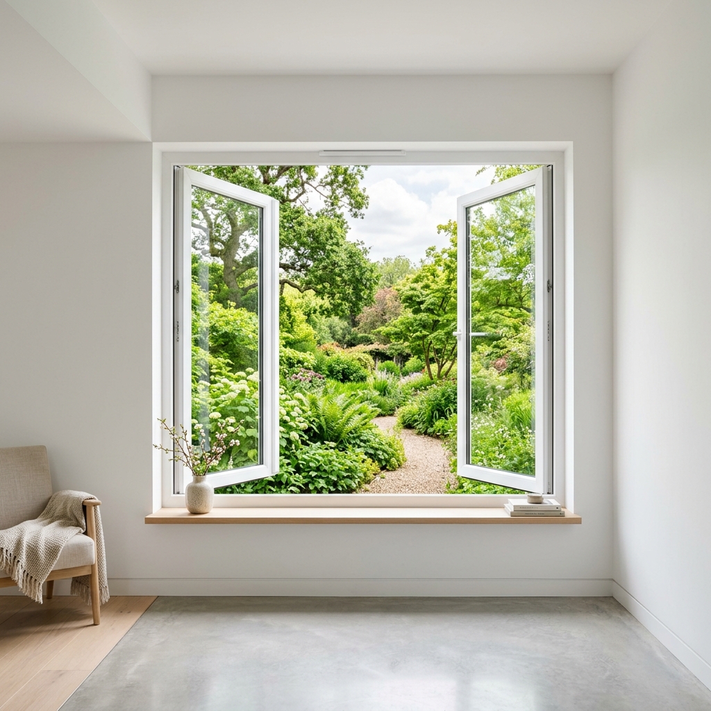 Fenêtre PVC ouverte sur jardin